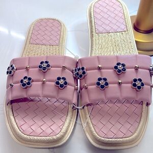 SOLD!!!!!!!!!!Rose Pink Slides with Black Embellishments
